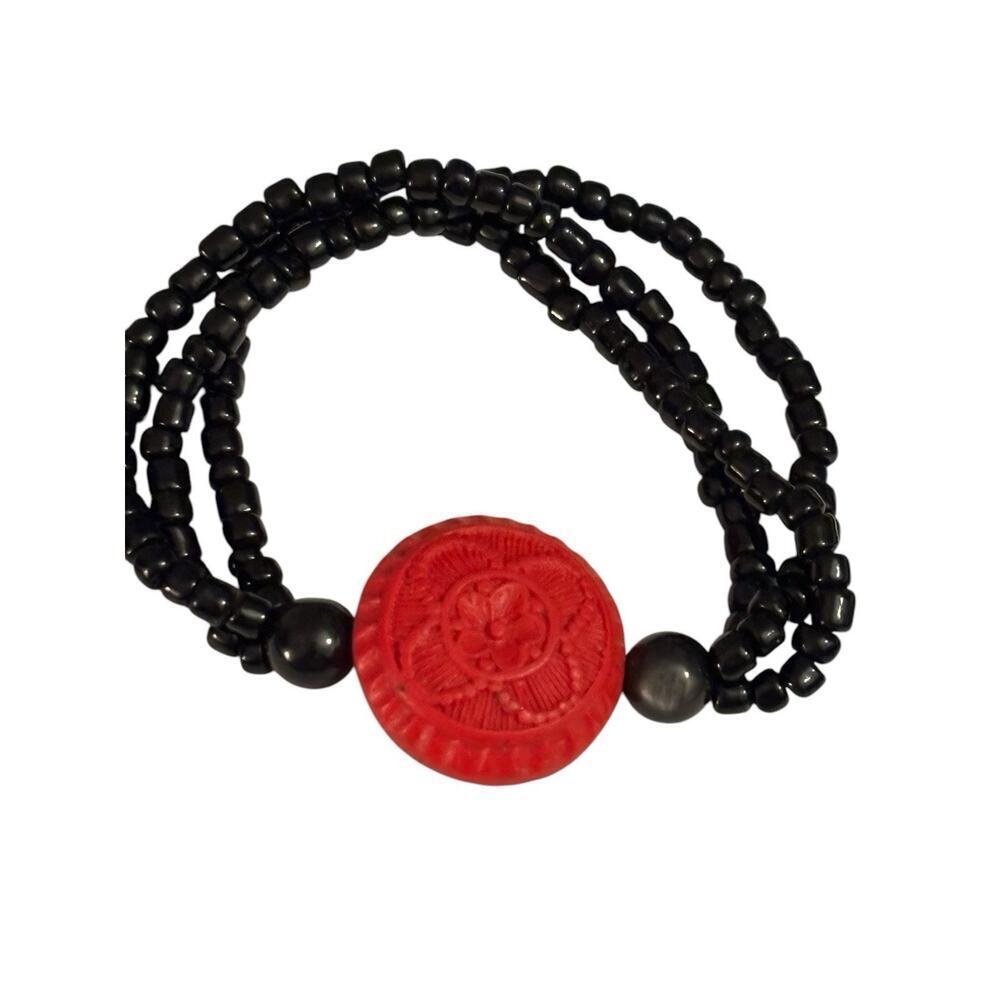 Red Faux Cinnabar Stretch Necklace Bracelet Set Black Onyx Beads - Picture 4 of 7